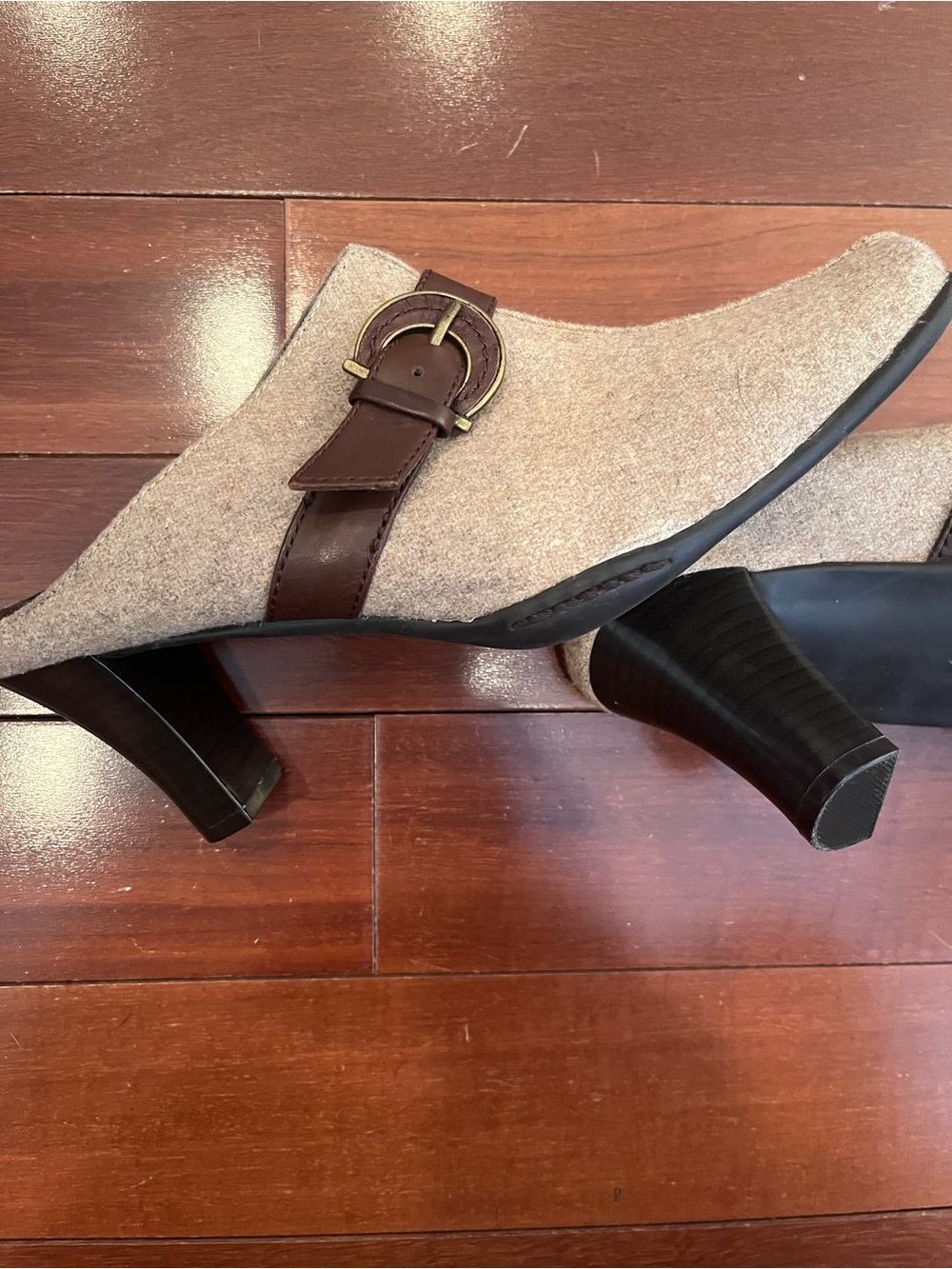AEROSOLES Beige Suede Buckle Heeled Mules with Brown Strap